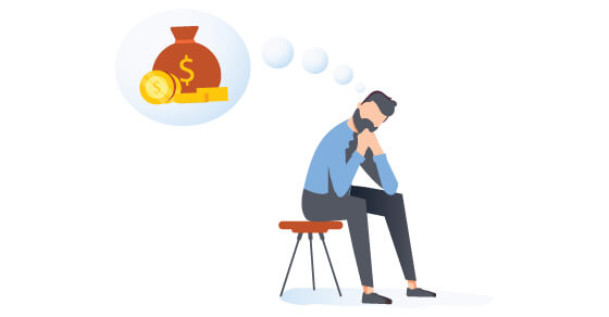 Illustration of a man sitting in a chair thinking about money